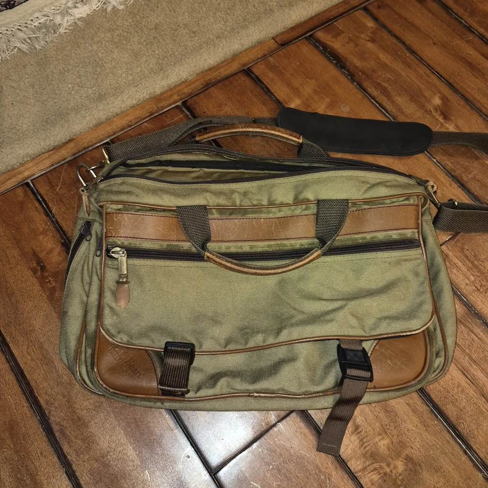 Vintage L.L. Bean Olive Green Canvas Laptop Brief with Brown Leather Trim
